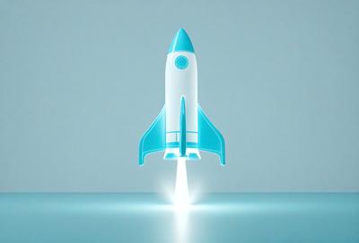 The primary subject of the image is a rocket, which is the main object, scene, or focus of the image. The rocket is shown in a blue and white color scheme, giving it a sleek and modern appearance. The setting or background of the image is a blue surface, which provides a contrasting and visually appealing backdrop for the rocket. The visual style of the image is a combination of photo and digital art, creating a realistic yet stylized representation of the rocket. The colors and mood