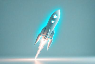 The primary subject of the image is a rocket, which is the main object, scene, or focus of the image. The rocket is flying through the air, and it appears to be a digital art or illustration. The setting or background of the image is a blue surface, which adds to the overall atmosphere of the scene. The colors and mood of the image are predominantly blue, which gives it a calm and serene appearance.