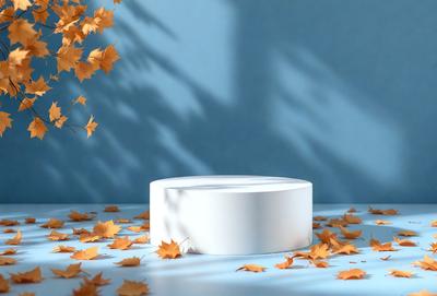 The primary subject of the image is a white, round table with a blue background. The table is placed on a blue surface, and it appears to be a white, round plate. The setting is a room with a blue wall, and the visual style is a photo. The colors and mood of the image are predominantly blue and white, creating a calm and serene atmosphere.