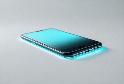 The primary subject of the image is a cell phone, which is placed on a white surface. The cell phone has a blue glow, giving it a unique and eye-catching appearance. The setting appears to be a simple, clean environment, with no other objects or distractions visible in the image. The visual style of the image is a close-up of the cell phone, emphasizing its unique lighting and design. The colors and mood of the image are predominantly blue and white, creating a sense of calmness