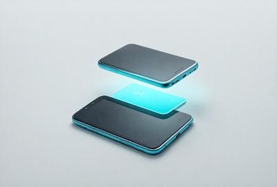 The primary subject of the image is a cell phone. The cell phone is placed on a white surface, which serves as the background. The visual style of the image is a photo, showcasing the cell phone in a close-up view. The dominant colors in the image are blue and white, creating a clean and modern appearance.