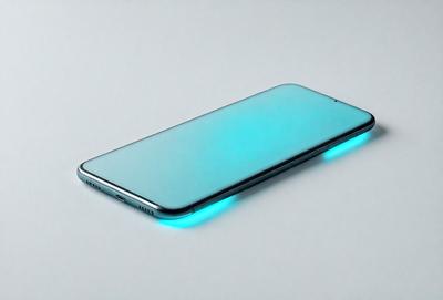 The primary subject of the image is a cell phone. The cell phone is placed on a white surface, which serves as the background. The visual style of the image is a photo, capturing the cell phone's glowing blue light. The colors and mood of the image are predominantly white and blue, creating a clean and modern atmosphere.