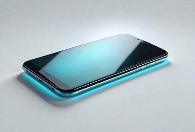 The primary subject of the image is a cell phone. The cell phone is blue and is placed on a white surface. The visual style of the image is digital art, as it appears to be a digital rendering of the cell phone. The dominant colors in the image are blue and white, creating a clean and modern appearance.