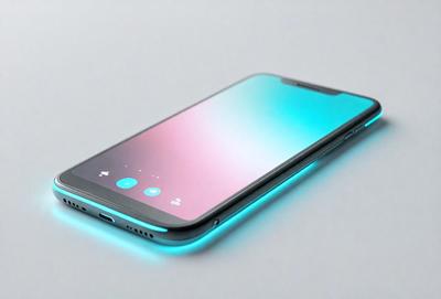 The primary subject of the image is a cell phone. The cell phone is placed on a gray surface, which serves as the background. The visual style of the image is a photo, capturing the cell phone in its natural environment. The dominant colors in the image are blue and pink, creating a vibrant and lively atmosphere.