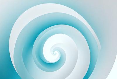 The primary subject of the image is a spiral pattern, which is the main object, scene, or focus of the image. The spiral pattern is set against a white background, giving it a clean and minimalist appearance. The visual style of the image is a combination of photo and digital art, as it appears to be a photograph of a digital art piece. The colors and mood of the image are predominantly blue, creating a calm and serene atmosphere.