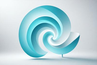 The primary subject of the image is a blue spiral design, which appears to be a sculpture or a piece of art. The setting is a white background, which provides a clean and minimalist appearance. The visual style is a combination of digital art and illustration, as the spiral design is created using a computer-generated or digitally drawn technique. The colors and mood of the image are predominantly blue, which gives the artwork a calm and serene atmosphere.
