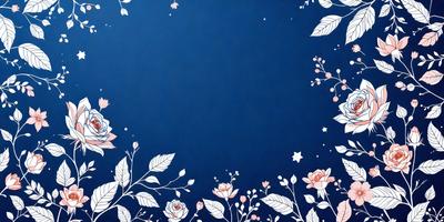 The primary subject of the image is a blue background with a pattern of white flowers and leaves. The setting is a blue sky, and the visual style is a combination of digital art and illustration. The dominant colors are blue and white, creating a calm and serene atmosphere.