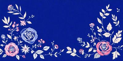 The primary subject of the image is a beautifully drawn floral pattern featuring a variety of flowers, including roses, on a blue background. The setting is a large, open space, and the visual style is a combination of digital art and illustration. The colors and mood of the image are predominantly blue, with the flowers adding a touch of pink and other colors. The overall atmosphere is serene and calming, with the flowers and blue background creating a sense of tranquility.