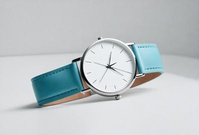 The primary subject of the image is a silver and blue watch. The watch is placed on a white surface, which serves as the background. The visual style of the image is a photo, capturing the details of the watch. The colors in the image are predominantly silver and blue, giving the watch a sleek and modern appearance.