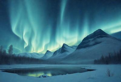 The primary subject of the image is a beautiful mountain range with a stunning view of the sky. The setting is a snowy mountain landscape, and the visual style is a photo. The colors and mood of the image are predominantly blue and serene, with the vibrant colors of the sky and the snowy mountains creating a captivating and peaceful atmosphere.