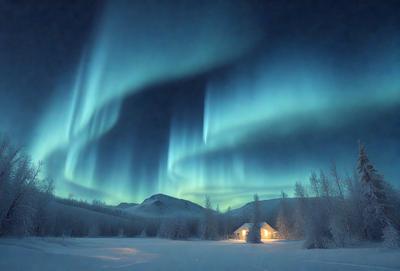 The primary subject of the image is a house with a light on in the window, surrounded by a snowy landscape. The setting is a snowy field with a mountain in the background. The visual style is a photo, capturing the serene atmosphere of the scene. The colors and mood are predominantly cold and wintry, with the blue and white hues of the sky and snow creating a sense of tranquility.