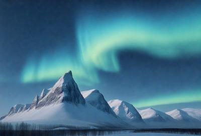 The primary subject of the image is a mountain with a snow-covered peak, surrounded by a beautiful landscape. The setting is a mountain range with a sky background, and the visual style is a photo. The colors and mood of the image are predominantly blue and cold, with the vibrant green lights of the aurora illuminating the sky.