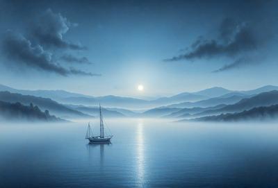 The primary subject of the image is a sailboat floating on a large body of water. The setting is a vast ocean with mountains in the background, creating a serene and picturesque scene. The visual style is a combination of photography and digital art, giving the image a unique and artistic appearance. The dominant colors are blue and white, which contribute to the calming and peaceful atmosphere of the scene.