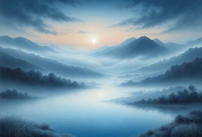 The primary subject of the image is a beautiful mountain range with a foggy atmosphere. The setting is a serene landscape with a large body of water, possibly a lake, in the foreground. The visual style is a painting, which adds to the overall mood of the scene. The dominant colors are shades of blue, gray, and white, creating a sense of tranquility and mystery.