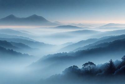 The primary subject of the image is a mountain range with a hazy, foggy atmosphere. The setting is a vast, open landscape with a mountain range in the background. The visual style is a combination of a photo and digital art, creating a surreal and dreamy atmosphere. The colors and mood are predominantly blue, with a hint of white, giving the scene a serene and peaceful ambiance.