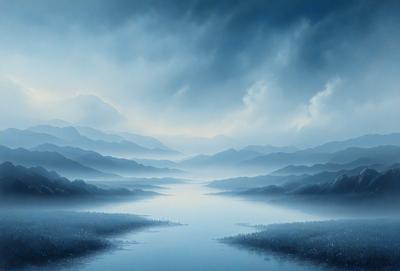 The primary subject of the image is a large body of water, possibly a lake or a river, with mountains in the background. The setting appears to be a foggy, cloudy day, creating a serene and mystical atmosphere. The visual style of the image is a digital art or illustration, with the artist skillfully capturing the beauty of the landscape. The colors and mood of the image are predominantly blue, with the water and the sky creating a sense of calmness and tranquility.