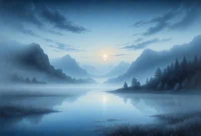 The primary subject of the image is a beautiful mountain landscape with a lake and a sunset in the background. The setting is a serene, foggy mountain valley with a body of water. The visual style is a painting, which creates a sense of tranquility and natural beauty. The dominant colors are shades of blue, green, and orange, which contribute to the overall mood of the scene.
