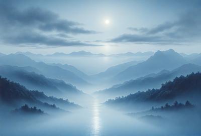 The primary subject of the image is a mountain range with a body of water in the foreground. The setting is a foggy, cloudy mountain landscape, creating a serene and mystical atmosphere. The visual style is a digital art or illustration, with the mountains and water depicted in a realistic manner. The colors and mood are predominantly blue and gray, with the fog and clouds adding a sense of depth and tranquility to the scene.