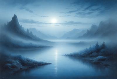 The primary subject of the image is a serene mountain lake at sunset. The setting is a beautiful mountain landscape with a lake and a forest in the background. The visual style is a digital art or illustration, creating a captivating and peaceful atmosphere. The dominant colors are shades of blue, reflecting the tranquility of the scene.