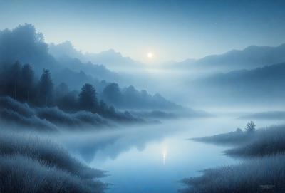 The primary subject of the image is a serene mountain lake surrounded by a forest. The setting is a foggy, misty environment, creating a mystical atmosphere. The visual style is a painting, with the artist skillfully capturing the beauty of the landscape. The dominant colors are shades of blue, green, and gray, reflecting the tranquility of the scene.