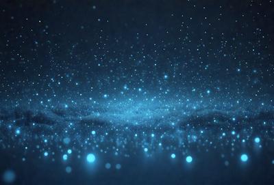 The primary subject of the image is a blue, star-filled sky. The setting is a dark, starry night with a few bright stars visible. The visual style is a digital art or illustration, creating a sense of depth and beauty. The colors and mood are predominantly blue, with a sense of calmness and tranquility.