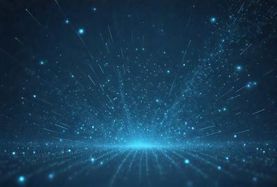 The primary subject of the image is a bright blue background with a multitude of tiny blue lights. The setting appears to be a dark space, and the visual style is a digital art or illustration. The colors and mood of the image are predominantly blue, creating a sense of calmness and tranquility.