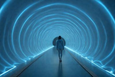 The primary subject of the image is a woman walking through a tunnel. The setting is a long, blue-lit tunnel, and the visual style is a photo. The woman is wearing a blue hoodie and appears to be the main focus of the scene. The colors and mood of the image are predominantly blue, creating a calm and serene atmosphere.