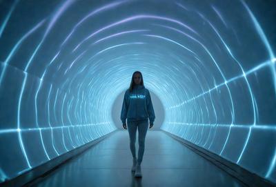 The primary subject of the image is a woman wearing a blue hoodie, walking down a long, brightly lit tunnel. The setting is a futuristic environment, with the woman being the main focus of the scene. The visual style appears to be a combination of a photo and digital art, creating a unique and captivating atmosphere. The colors and mood of the image are predominantly blue and purple, giving the scene a sense of depth and sophistication.