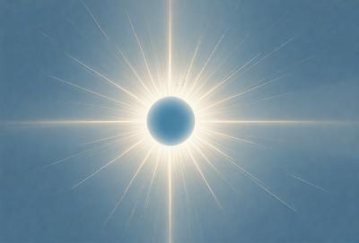 The primary subject of the image is a bright, sun-like object with a blue center, surrounded by a white and orange glow. The setting is a blue sky, and the visual style appears to be a combination of a photo and digital art. The colors and mood of the image are vibrant and energetic, with the blue center of the sun-like object standing out against the white and orange glow.