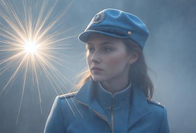 The primary subject of the image is a woman wearing a blue hat and a blue jacket. She is standing in front of a bright light source, which appears to be a light bulb. The setting is a dark room, and the visual style is a close-up of the woman. The colors in the image are predominantly blue, giving the scene a calm and serene atmosphere.
