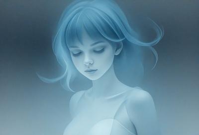 The primary subject of the image is a woman with blue hair, who appears to be a digital art or illustration. She is wearing a dress and has a blue and white color scheme. The setting is a gray background, which adds to the overall mood of the image. The visual style suggests that the image is a digital art or illustration, rather than a photo or a drawing.