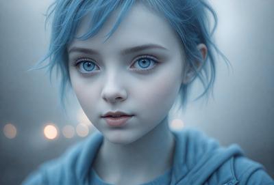 The primary subject of the image is a young girl with blue hair, who is looking directly at the camera. She is wearing a blue hoodie and has a blue-toned appearance. The setting is a dark room, and the visual style is a close-up of the girl's face. The colors and mood of the image are predominantly blue, creating a calm and serene atmosphere.