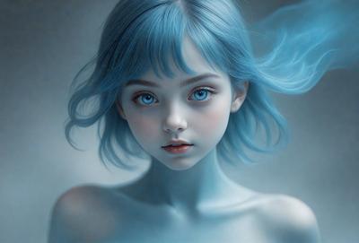 The primary subject of the image is a young girl with blue hair, who appears to be a digital art or illustration. She is wearing a blue dress and has a blue-toned appearance. The setting is a dark, blue-toned environment, which adds to the overall mood of the image. The visual style is a combination of digital art and illustration, creating a unique and captivating portrait of the young girl.