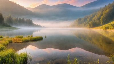The primary subject of the image is a serene lake surrounded by a lush green forest. The setting is a foggy morning, creating a mystical atmosphere. The visual style is a photo, capturing the beauty of nature. The dominant colors are green, from the grass and trees, and blue, from the water. The overall mood is peaceful and tranquil, inviting viewers to appreciate the natural beauty of the scene.