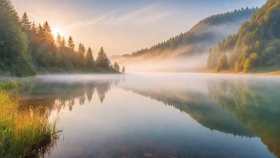 The primary subject of the image is a serene lake surrounded by trees. The setting is a foggy morning, creating a mystical atmosphere. The visual style is a photo, capturing the beauty of the natural environment. The colors and mood are predominantly calm and peaceful, with the fog adding a touch of tranquility to the scene.