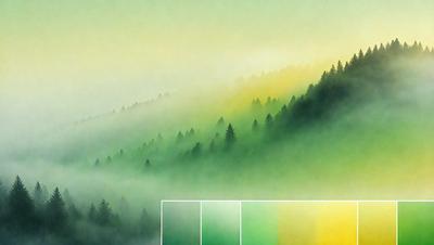 The primary subject of the image is a forest with a mountainous background. The setting is a lush green forest with trees and fog. The visual style is a painting, which creates a serene and peaceful atmosphere. The dominant colors are green and yellow, which are prevalent in the forest and fog.