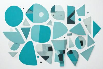 The primary subject of the image is a collection of blue and white geometric shapes, which are arranged in various patterns and designs. The setting is a white wall, and the visual style appears to be a combination of digital art and illustration. The dominant colors in the image are blue and white, creating a calm and soothing atmosphere.
