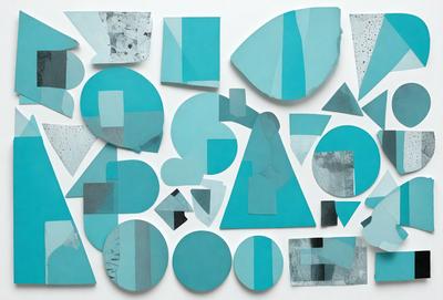 The primary subject of the image is a collection of blue and white geometric shapes, which are arranged in various patterns and designs. The setting is a white wall, and the visual style appears to be a combination of digital art and illustration. The dominant colors in the image are blue and white, creating a calm and soothing atmosphere.