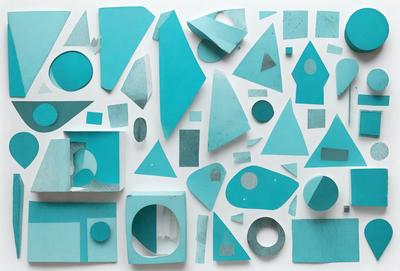 The primary subject of the image is a collection of blue geometric shapes, including triangles, circles, and other shapes. These shapes are arranged on a white surface, creating a visually appealing and colorful display. The setting appears to be a workspace or a creative environment where these shapes have been cut out and arranged. The visual style of the image is a combination of digital art and illustration, with the blue geometric shapes being the main focus of the composition. The overall atmosphere of the image is vibrant and creative,