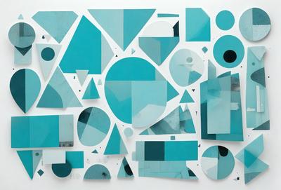 The primary subject of the image is a collection of geometric shapes, including circles, triangles, and squares, arranged in various patterns. The setting is a white wall, and the visual style appears to be a combination of digital art and illustration. The dominant colors in the image are blue and white, creating a calm and clean atmosphere.