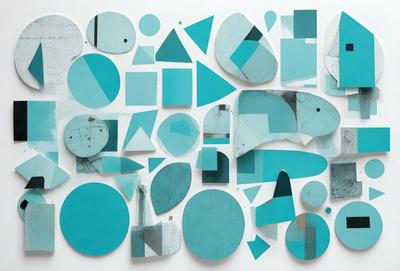 The primary subject of the image is a collection of various geometric shapes, including circles, triangles, and squares, arranged in a visually appealing manner. The setting is a white wall, and the visual style appears to be a combination of digital art and illustration. The dominant colors in the image are blue and white, creating a calm and soothing atmosphere.