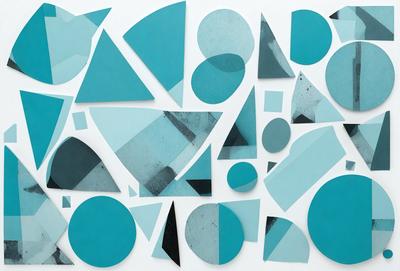 The primary subject of the image is a collection of geometric shapes, including triangles, circles, and squares, arranged on a white surface. The shapes are primarily blue and black, creating a visually striking and modern design. The setting is a white background, which allows the shapes to stand out and be the main focus of the image. The visual style is a combination of digital art and illustration, as the shapes are carefully arranged and the overall composition is well-planned. The colors and mood of the image are predominantly blue