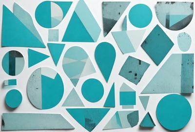 The primary subject of the image is a collection of blue and white geometric shapes, including circles and triangles. These shapes are arranged in various patterns and are displayed on a white background. The visual style of the image is a combination of digital art and illustration, creating a unique and artistic appearance. The dominant colors in the image are blue and white, giving the scene a clean and modern feel.