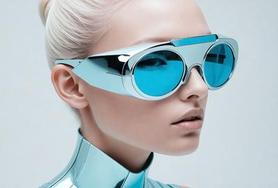 The primary subject of the image is a woman wearing blue sunglasses. She is posing for the camera, and her sunglasses are reflecting the light. The setting is a white background, which provides a clean and minimalistic look. The visual style is a close-up of the woman's face, emphasizing her features and the sunglasses. The colors and mood of the image are predominantly blue, giving it a cool and stylish appearance.
