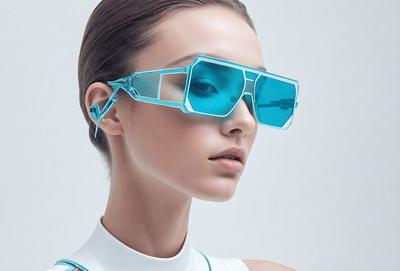 The primary subject of the image is a woman wearing blue glasses. She is the main focus of the image, and her face is prominently displayed. The setting is a white background, which provides a clean and minimalistic environment for the woman to be the center of attention. The visual style of the image is a close-up portrait, capturing the woman's facial features and the blue glasses she is wearing. The colors in the image are predominantly white and blue, creating a calm and serene atmosphere