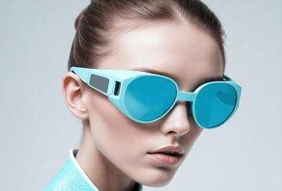 The primary subject of the image is a woman wearing blue sunglasses. She is the main focus of the image, and her sunglasses are the most prominent feature. The setting is a white background, which provides a clean and minimalist look to the image. The visual style is a close-up of the woman's face, emphasizing her features and the sunglasses. The colors and mood of the image are predominantly blue, giving it a cool and stylish appearance.