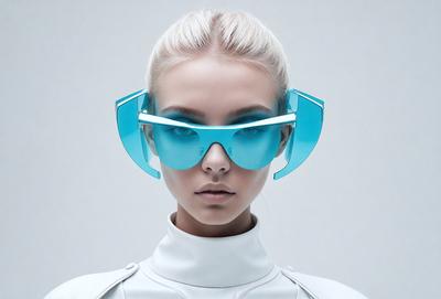 The primary subject of the image is a woman wearing blue goggles. She is posing for the camera, and her goggles are the main focus of the scene. The setting is a white background, which provides a clean and minimalist look to the image. The visual style is a close-up of the woman's face, emphasizing the goggles and her expression. The colors in the image are predominantly blue, which adds a sense of coolness and modernity to the overall atmosphere.