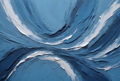 The primary subject of the image is a painting of a blue ocean with waves. The setting is a blue background, and the visual style appears to be a digital art or illustration. The dominant colors in the painting are blue and white, creating a serene and calming atmosphere.