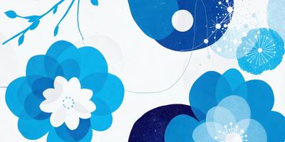The primary subject of the image is a blue flower with white petals. The setting is a white background, which creates a clean and minimalist appearance. The visual style is a combination of digital art and illustration, giving the image a unique and artistic touch. The dominant colors are blue and white, creating a calm and serene atmosphere.