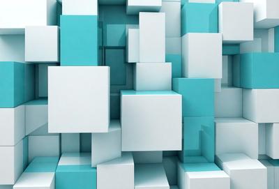 The primary subject of the image is a large, blue, three-dimensional structure made of white blocks. The setting is a blue background, which creates a striking contrast with the white blocks. The visual style is a combination of digital art and illustration, giving the image a unique and artistic appearance. The dominant colors are blue and white, creating a sense of depth and dimension in the image.